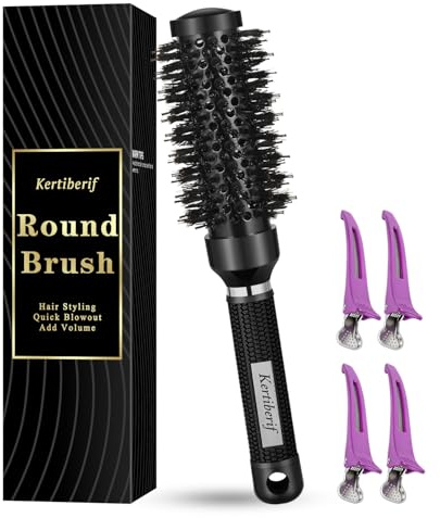 Kertiberif Round Brush for Blow Drying, Boar Bristles Round Hair Brush for Blow Out, Styling, Curling, Adding Volume, with 4 Hair Clips (Black, 61mm, Barrel 32mm)