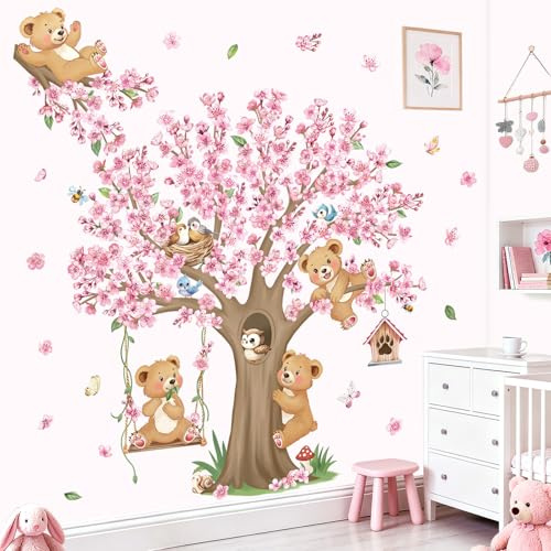 decalmile Adesivi Murali Albero di Ciliegio Animali Foresta Adesivi da Parete Fiori di Ciliegio Rosa Orso Decorazione Murale Camere Ragazze Bambini Asilo Nido