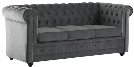 Vente-unique - Canapé 3 Places Convertible en Velours Gris Anthracite Chesterfield
