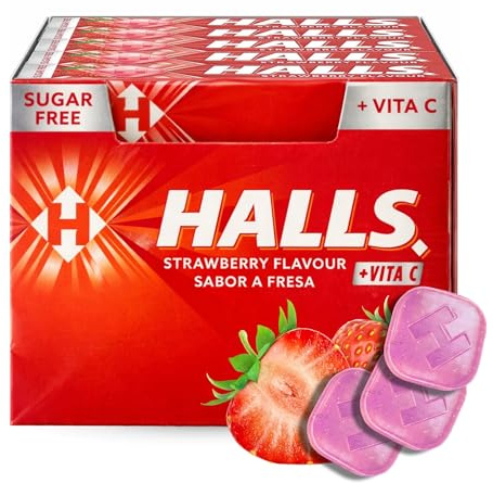 Caramelos Halls Fresa, Caramelo sabor a Fresa, Caramelo sin azucar, el Halls de toda la vida, sabor intenso y delicioso, Sin gluten, Contiene 1 caja con 20 paquetes de caramelos de 32 g