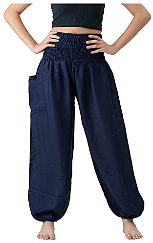 Yogabyxor för kvinnor med hög midja, fritidsbyxor för kvinnor i stor storlek, byxor med låg svettning byxor sport elefantbyxor ankelbyxor hängselbyxor bred byxa, Marin, L