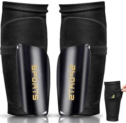 Mzijia Espinilleras de fútbol, Fútbol Espinilleras Calcetines, con Mangas Elásticas Protección Integral Niño Juventud Adulta Partido de Futbol. (Negro, M)