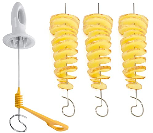 Spiral Chips Kartoffelschneider, 4 Stück Kartoffel Twister Tornado, Kartoffel Spiral Chips Cutter, Tornado Chips Cutter, Rostfreier Stahl, Manuell, für Obst, Gemüse, Grillfleisch, Zwiebeln, Gebraten