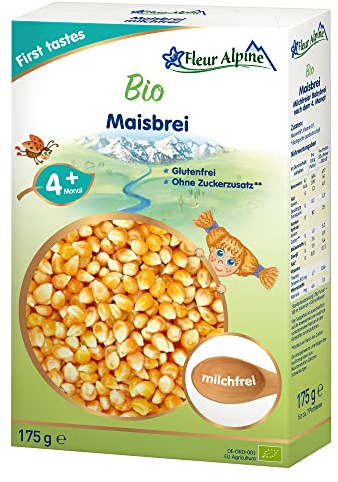 FLEUR ALPINE Bio Babybrei Mais - Leckerer Frühstücksbrei | Nahrhaft und glutenfrei | einfache Zubereitung | Babynahrung 4+ Monate ohne Zuckerzusatz | 7 Portionen