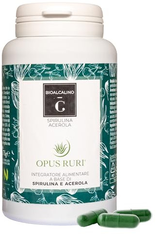 OPUS RURI Bioalcalino C - Integratore Alimentare Alga Spirulina e Acerola 150 Capsule da 500 mg - Supporto Difese Immunitarie con Proteine Vegetali - Fonte Naturale di Vitamina C - Made in Italy