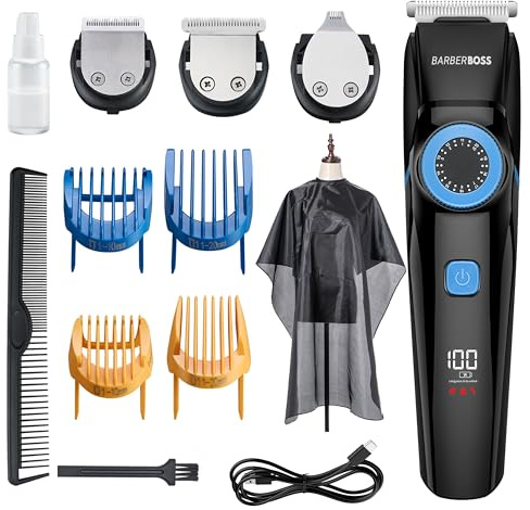 BarberBoss Recortadora profesional 3 en 1 para pelo, barba y detalles, kit de aseo masculino con dial de precisión, cuchillas de corte, recargable por USB y 100% resistente al agua, QR-6087