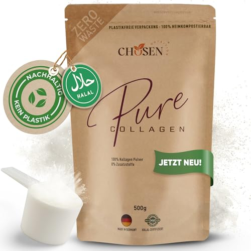 Pure Collagen Pulver [500g] von Chosen® - Premium Kollagen Hydrolysat [Halal] - Bioaktiv, Peptide - Kollagen für Haut, Haare und Nägel - Geschmacksneutral - Made in Germany