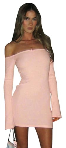 HSAJS Robe Moulante à Manches Longues Sexy pour Femmes Mini Robes à épaules Dénudées Rose Robe Bodycon Slim Fit Soirée Dress Streetwear pour Cocktail Fête Clubbing
