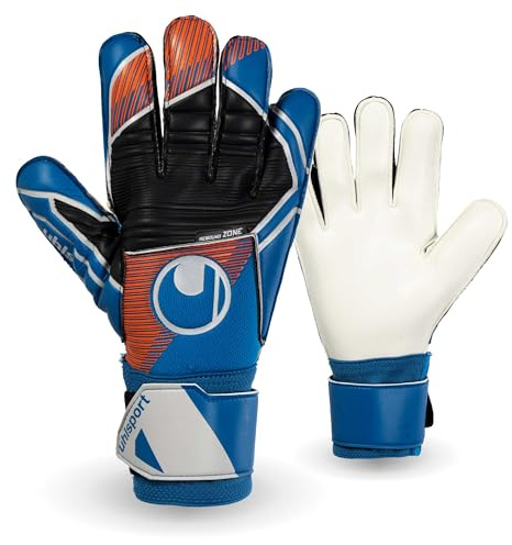uhlsport guanti da portiere da calcio per bambini e adulti, Soft Pro - guanti da portiere da calcio traspiranti con fissaggio al polso e presa eccezionale, blu/arancione/bianco, taglia 5-11
