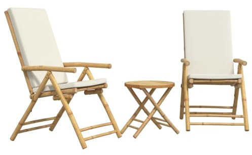 vidaXL Set da Giardino Pieghevole Reclinabile 3 pz Cuscini Bianco Crema in Bambù, set da bistrot, set mobili da giardino, set mobili da bistrò