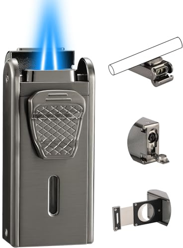 Double Jet Flame Torch Lighter, All in One Gas Lighter Built-in Cutter, Punch, Holder Function, Refillable and Adjustable Windproof Butane Lighters, Gifts for Men, Black. (Sold Without Gas)