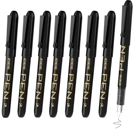 EYEYE Bolígrafos de tinta negra, Paquete de 8 plumas estilográficas desechables para escribir, punta de acero inoxidable, escritura suave para bocetos, diario, caligrafía