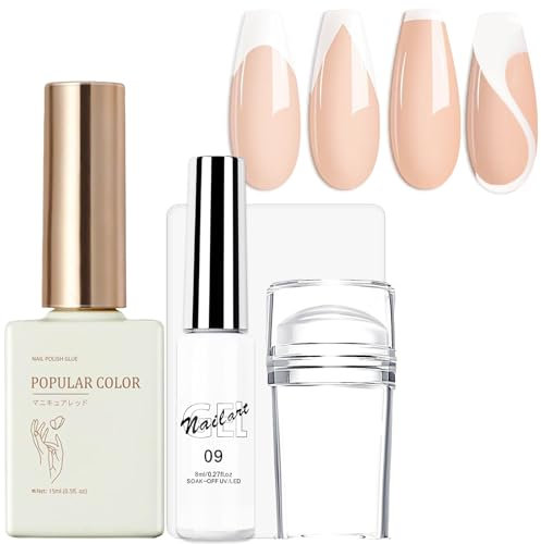 French Manicure Kit - 3PCS French Tip Stamp Pink & White Gel Nail Polish Gel Liner Nail Art Tools Kit, Nail Stamper French Manicure Nude White Jelly French Nails Paint Nail Accessories Set for Women