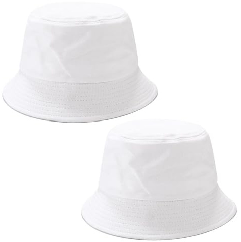 2 Cappelli da Pescatore Bianchi, Cappelli da Bacino a sommità Piatta, Cappelli da Pescatore semplici in Tinta Unita, Cappelli Estivi per la Protezione Solare all'aperto