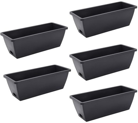 The Fellie 5 PCS Large Garden Planter Plastic Trough With Drainage Holes & Tray, Outdoor Rectangle Long Planter For Windowsill & Balcony, Vegetable Plant Pot For Succulent, Grey 49.5L*19W*15.7HCM