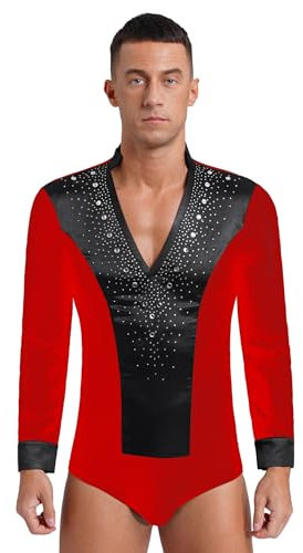 Sxiwei Herren Langarm Glitzer Tanz-Body V-Ausschnitt Gymnastik Leotard Bodysuit Für Latein Tango Rumba Chacha Rot XL