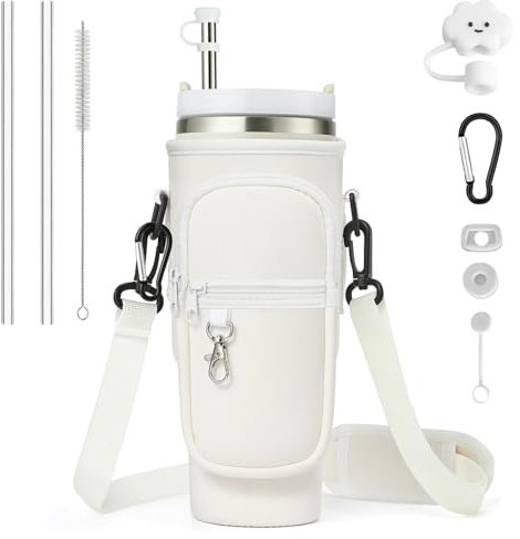 Stanley Cup Bag, Water Bottle Holder with Pocket & Strap for 40oz Tumbler, Adjustable Stanley Cup Pouch with 2 Straw, Clean Brush, Straw Cover, Leak Proof Accessories, Carabiner (Vanilla White)