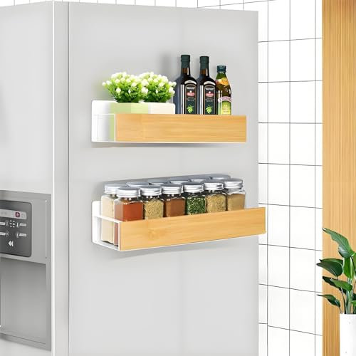 KedioPio Magnetic Spice Rack for Fridge, 2 Pack Magnetic Shelf White for Refrigerator, Wooden Fridge Magnet Shelves Bamboo Spice Rack for Kitchen Storage and Organisation, White