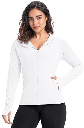 33,000ft Veste de course légère pour femme, veste de sport UPF 50+, sweat à capuche entièrement zippé, avec trou pour les pouces, veste de survêtement respirante avec 4 poches pour la course à pied