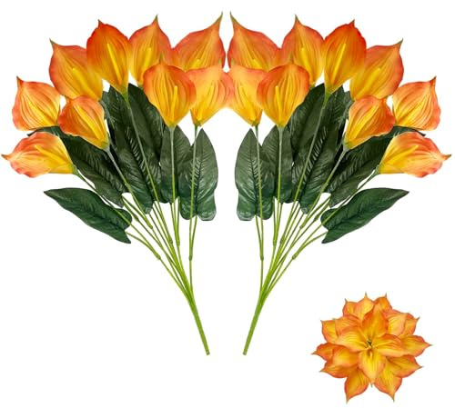 Daily Treasures Flores artificiales de lirio de cala naranja, 18 flores grandes de lirios artificiales con hojas verdes, flores naranjas de seda de 54 cm para ramo de novia, arreglos de jarrón