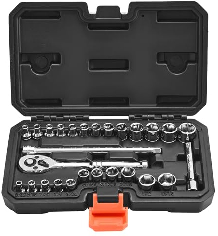 VEVOR Juego de Vasos 6,4 mm, SAE y Métrico, con Barra de Extensión de Llave de Trinquete y Estuche de Almacenamiento, Acero Aleación CR-V, 27 uds, a Reparación de Automóviles, 215 x 136 x 50 mm