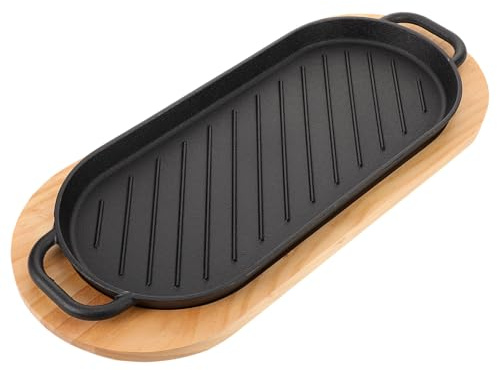 ULTECHNOVO Plato de Bistec de Hierro con Doble Asa y Base de Madera Sartén Gruesa para Asar Carne Hogar y Barbacoa Sartén para Servir y Cocinar Versátil