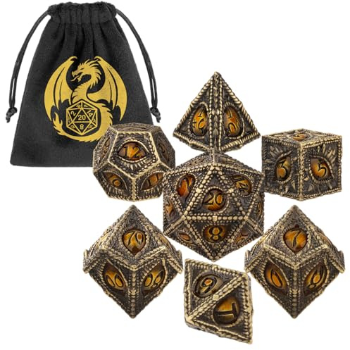 Lot de 7 Dés DND en Métal, Thème œil de Dragon, DND Dés Polyédriques en Métal, D20 D12 D10(00-90 et 0-9) D8 D6 D4, pour Jeu de Rôle, Jeu de Société RPG, MTG, Cadeaux D&D avec Sac Cadeau, Bronze Ambre | Lot de 7 dés DND - D20 D12 2D10 D8 D6 D4 - Pour jeu de rôle - Cadeau D&D pour homme et femme - Bronze ambre