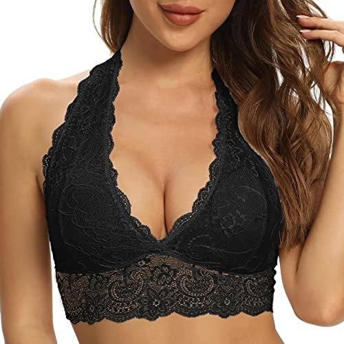 SHEKINI blommig spetsbehå utan bygel för damer, bralette, bustier, komfort-bh, racerback, med avtagbar vadderad kupa, triangel-bh, elastisk axelrem | Avtagbar vadderad kort topp