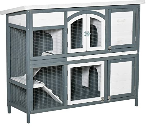 PawHut Rabbit Hutch Outdoor Guinea Pig Hutch 2 Tier 125 x 48 x 100cm Grey