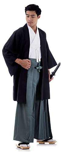 PRINCESS OF ASIA Traditionelles Japan Samurai Kimono Set 3 Teile Hakama Hosenrock + Kendo Gi Shirt + Haori Jacke Baumwolle M L XL (Einheitsgröße, Schwarz & Grau & Weiß)