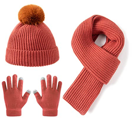 Lallier Juego de 3 gorros para niños, bufanda y guantes para la nieve, tejido de invierno, cálido, suave, gorro con pompón para exteriores, para niños, niñas y niños pequeños, Rojo Ladrillo