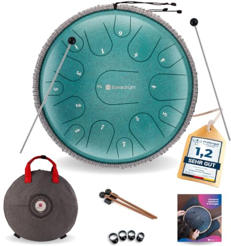 Sonodrum Zungentrommel Premium C - Dur in Grün - 35 cm groß mit 15 Tönen - Steel Tongue Drum inkl. Liederbuch, Schlägel, Fingersticks und Tragetasche - Notenlesen nicht nötig, einfach zu spielen.