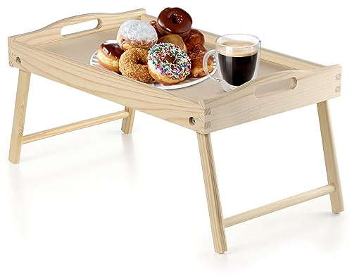 KADAX Tavolo da letto, vassoio per la colazione in legno di pino, 19 x 30 x 50 cm, vassoio da portata, vassoio da letto, pieghevole, vassoio per la colazione a letto, tavolino (naturale)