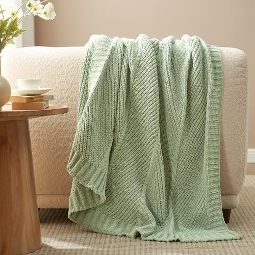 Amélie Home Chenille Knit Throw Blanket for Couch, Chunky Knit Blanket with Chevron Texture Non-Shedding, Decorative Farmhouse Soft Blanket for Home Sofa Chair Bed, Sage Green, 60x 80