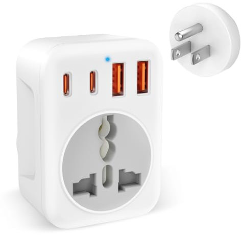 UK to US Plug Adaptor, USA Travel Adapter with 2 USB C & 2 USB A Charging Ports & 1 Universal AC Outlet International to American Canada Plug Adapter UK to US for Thailand Mexico Colombia (Type B)