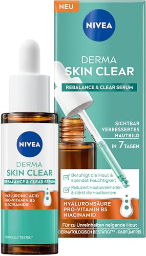 NIVEA Derma Skin Clear Rebalance & Clear Serum, Gesichtspflege für ein sichtbar verbessertes Hautbild, feuchtigkeitsspendendes Hyaluron Serum mit Niacinamid (30 ml)