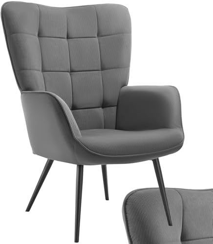 tectake® Poltrona Imbottita, Poltrona Ergonomica con Schienale e Braccioli, Poltrona Camera da Letto, Poltrona Salotto Moderna, Carico Massimo 150 kg - senza Pouf, Corda Sottile, Antracite/Nero