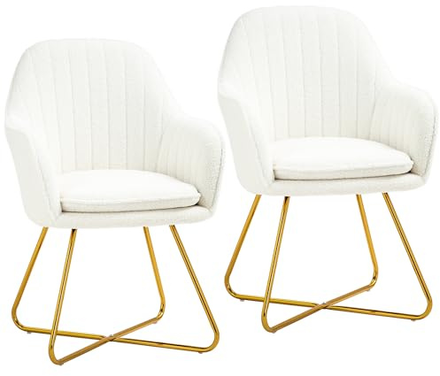 HOMCOM Accent Chair Set of 2, Gold Metal Legs, Thick Cushion, Cream White