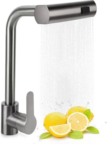 Kitchen Sink Taps Mixer, Swivel Single Handle Kitchen Faucet High Pressure Hot Cold Water Sink Faucet with 3 Function Sprayer (Grey)