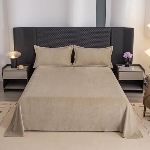 Mesnt Bettlaken ohne Gummizug, 220x230cm Einfarbig Betttuch mit 2 Kopfkissenbezügen aus Samt Weich und Knitterfrei, Khaki
