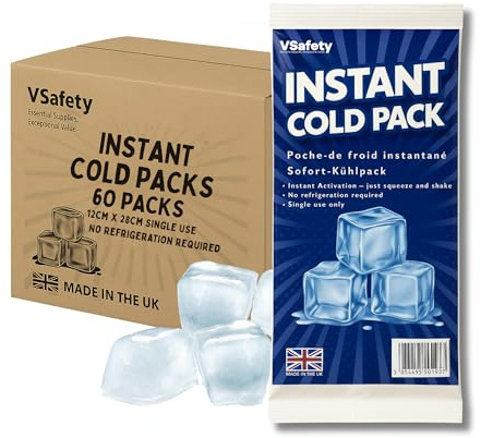V Safety Instant Ice Packs - UK-Made Disposable Cold Compress, No Refrigeration Needed, Squeeze to Activate - Portable Cooling for Food, Drinks & Outdoor Use - Large Size (Pack of 60)
