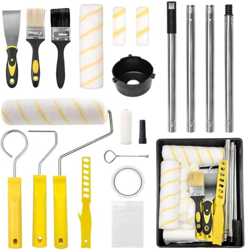 EUBSWA Set di 18 rulli colorati con asta telescopica da 1,5 m, set da pittura professionale per pareti e soffitti – Include rullo da 23 cm/11 cm per pittura a parete, pennello, spatola e vaschetta