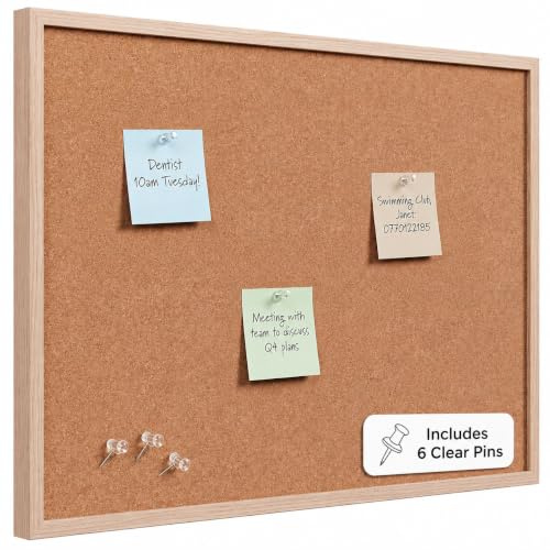 Cork Board 60CM x 44CM Pin Board Notice Office Memo School with Clear Push Pins Oak Coloured Wooden Frame Board
