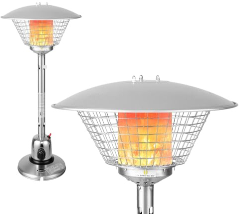 SOARS - Sombrilla térmica de gas (4000 W, calefacción de exterior portátil sobre mesa, con radio térmico de 1,37 m, temperatura ajustable, manguera de gas 2 m, para terraza, jardín, patio (plateado)