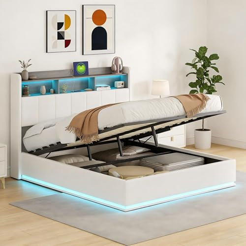 Letto imbottito 140x190 con contenitore idraulico, Letto baule 140 x 190 cm con illuminazione a LED e porta USB, testiera con vano portaoggetti, Letto contenitore con rete a doghe(Bianco, 140x190 cm)