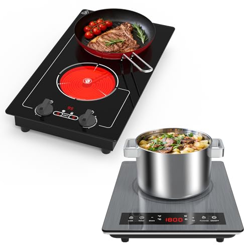 VBGK Single Induction Hob and Double Electrie Hob, 220V Ceramic Hob with Kids Lock & Timer, LED Touch Control,Overheat Protection