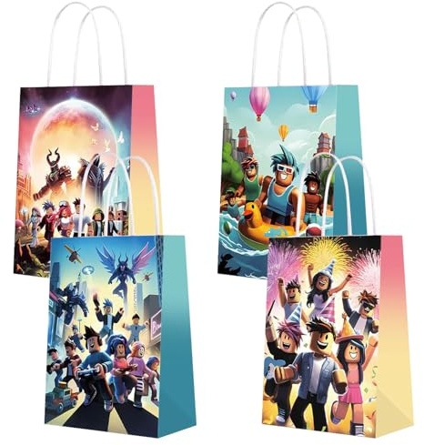 12Pcs Sacchetti Roblo Compleanno, Buste di Carta con Manico, Buste Regalo Compleanno Bambini Robl, Sacchetti Per Festa Per Goodie Bags, Regali Di Compleanno