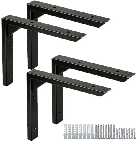 4 Pack 8 Inch Heavy Duty Shelf Brackets – Stainless Steel Wall Mount Brackets for Shelves, Triangle Shelf Support with Screws – for Living Room, Garage, Kitchen (Black, 8In-4P)