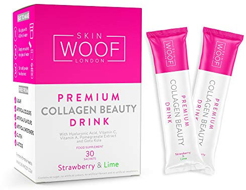 Skin Woof Collagen Beauty Drink with Added Hyaluronic Acid, Vitamin C, Vitamin A, Pomegranate Extract and Gotu Kola - Strawberry & Lime Flavour - All Natural Formula - 30 Sachets