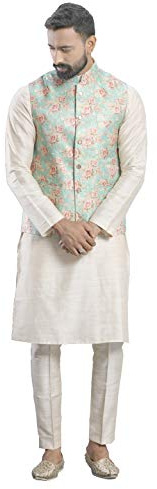 Elina fashion Men's Indian Cotton Kurta Pajama And Printed Nehru Jacket (Waistcoat) Indian Wedding Ethnic Diwali Puja Set